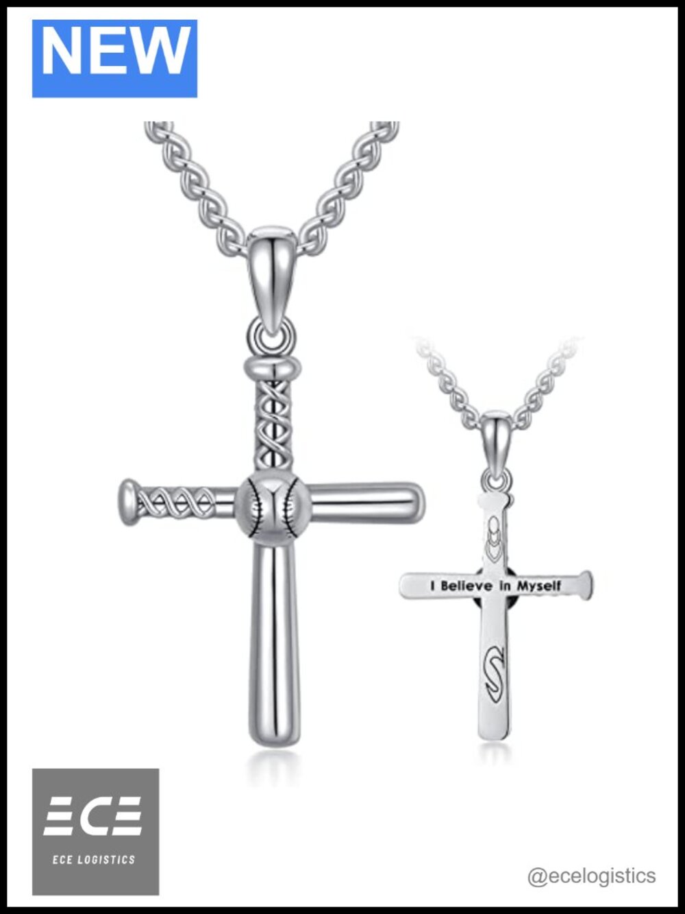Mens 925 Sterling Silver Baseball Cross Necklace 20+2 Inch Cuban Chain